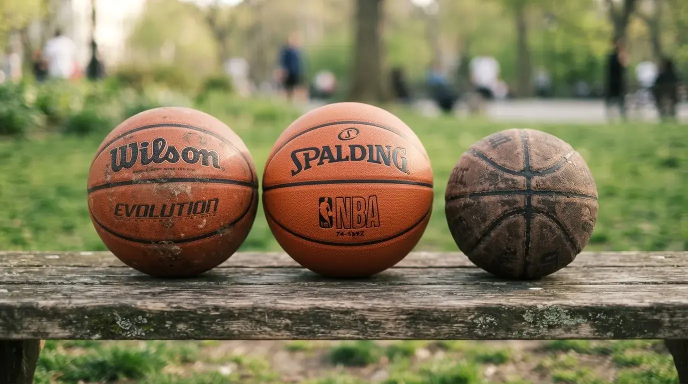 Drie ballen van verschillende soorten naast elkaar op een houten bank