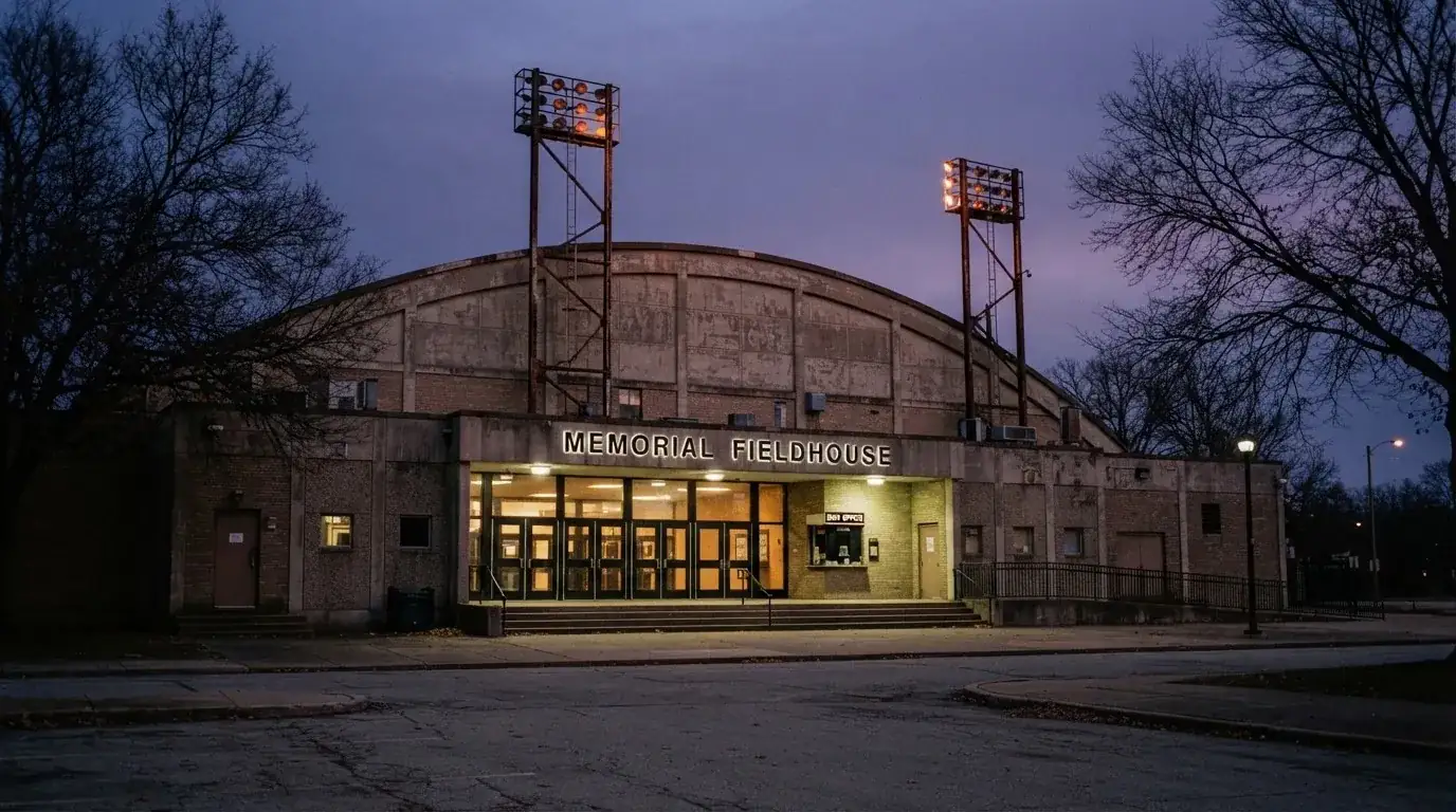 Een leeg voetbalstadion met lichtmasten bij schemering