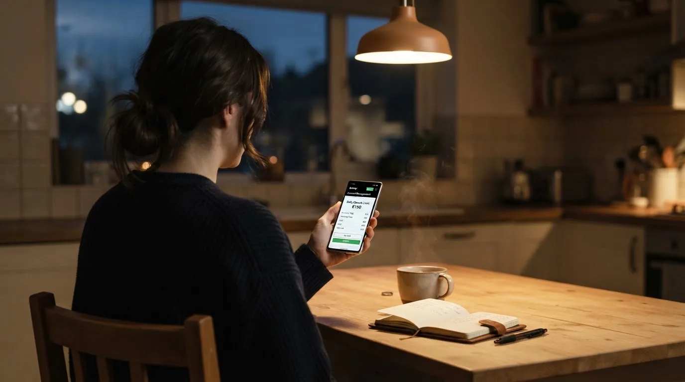 Een hand legt een smartphone naast een kopje thee op een keukentafel, een rustige avond